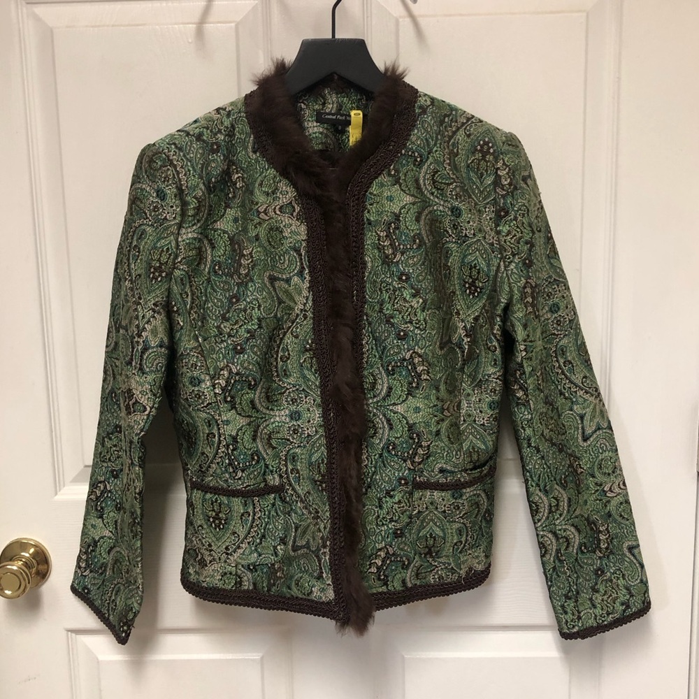Central Park West Green Paisley Women's Jacket with Brown Trim - Picture 1 of 16